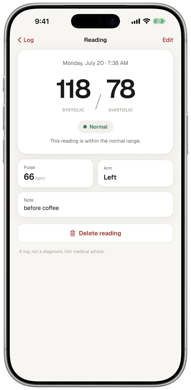 A single reading of 118 over 78, marked Normal, with its pulse, arm and note