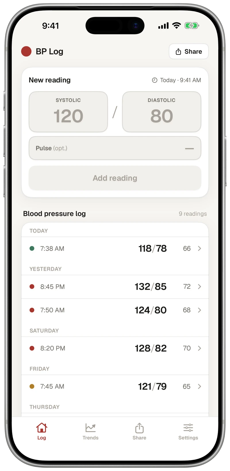 The BP Log app: a new-reading card above a log of readings, each marked with its category