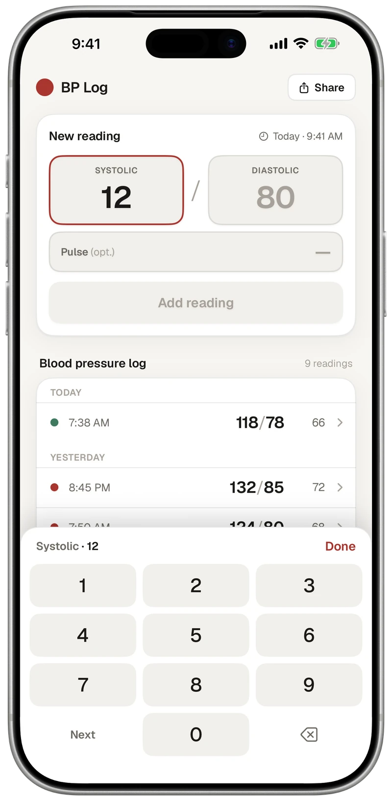 Entering a reading on the app's large numeric keypad